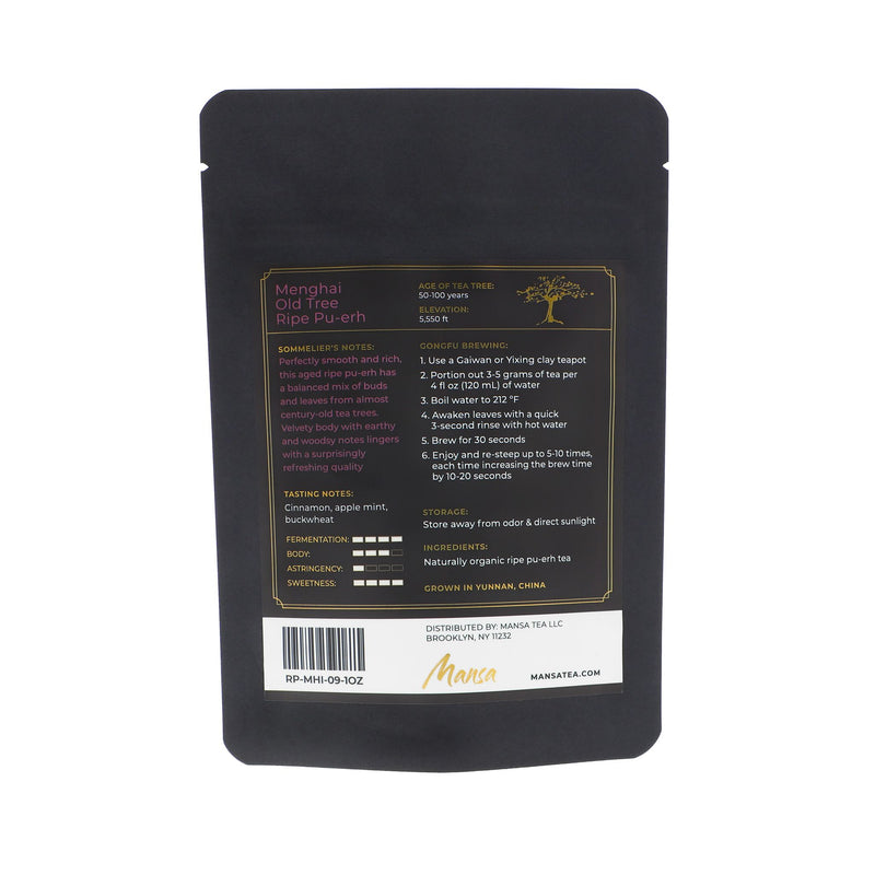 Backside packaging of Menghai Old Tree Ripe Pu-erh. A black pouch with a label with sommelier's notes and tasting notes.