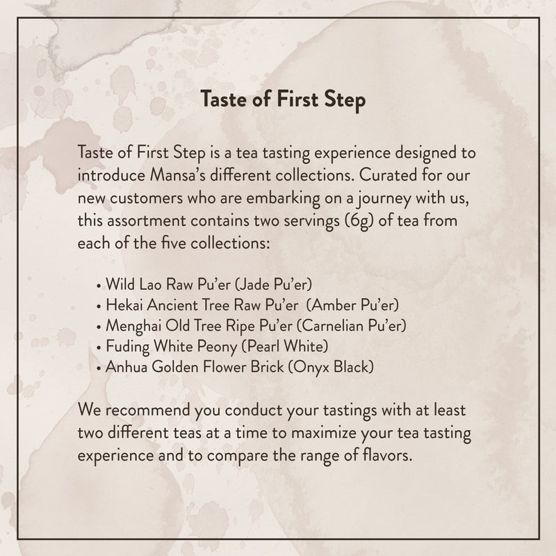 Mansa Tea | Vintage single-origin tea for modern tea drinkers | Gift sets | Taste of First Step - tea tasting assortment with aged pu'er and white tea | pu-erh tea gift set description