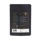 Backside packaging of Bulang Bamboo Raw Pu-erh. A black pouch with a label with sommelier's notes and tasting notes.